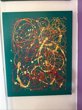 Hand Crafted Teal Canvas with Red & Gold Drip Accents 16 x 20 inches
